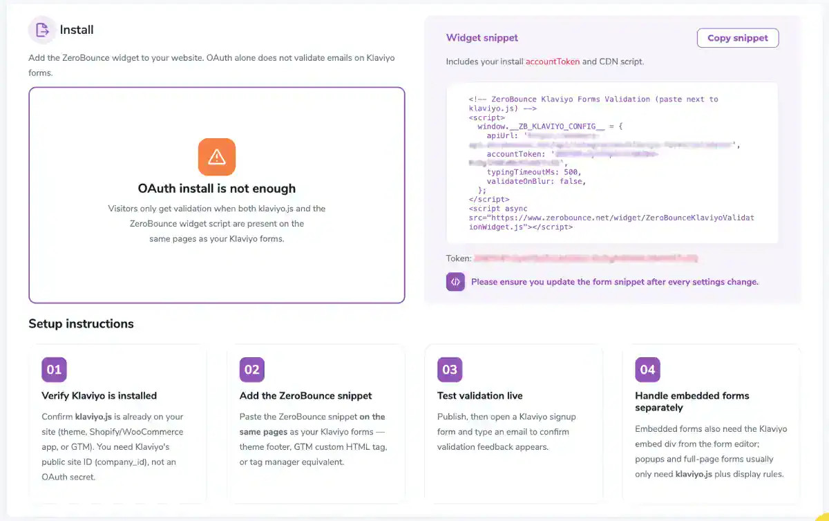 The Install section with the widget snippet and setup steps.