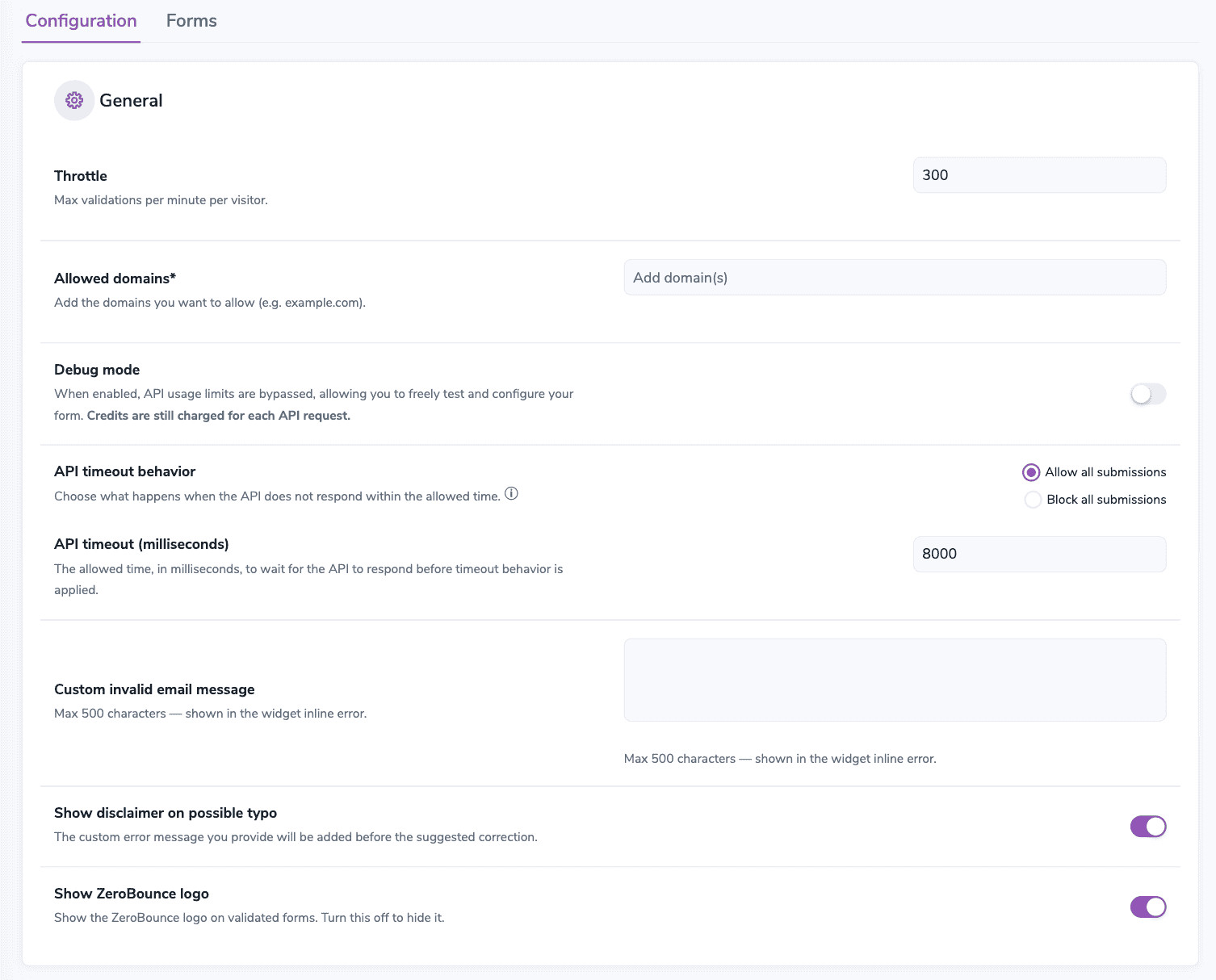 The Settings Configuration tab, General section.