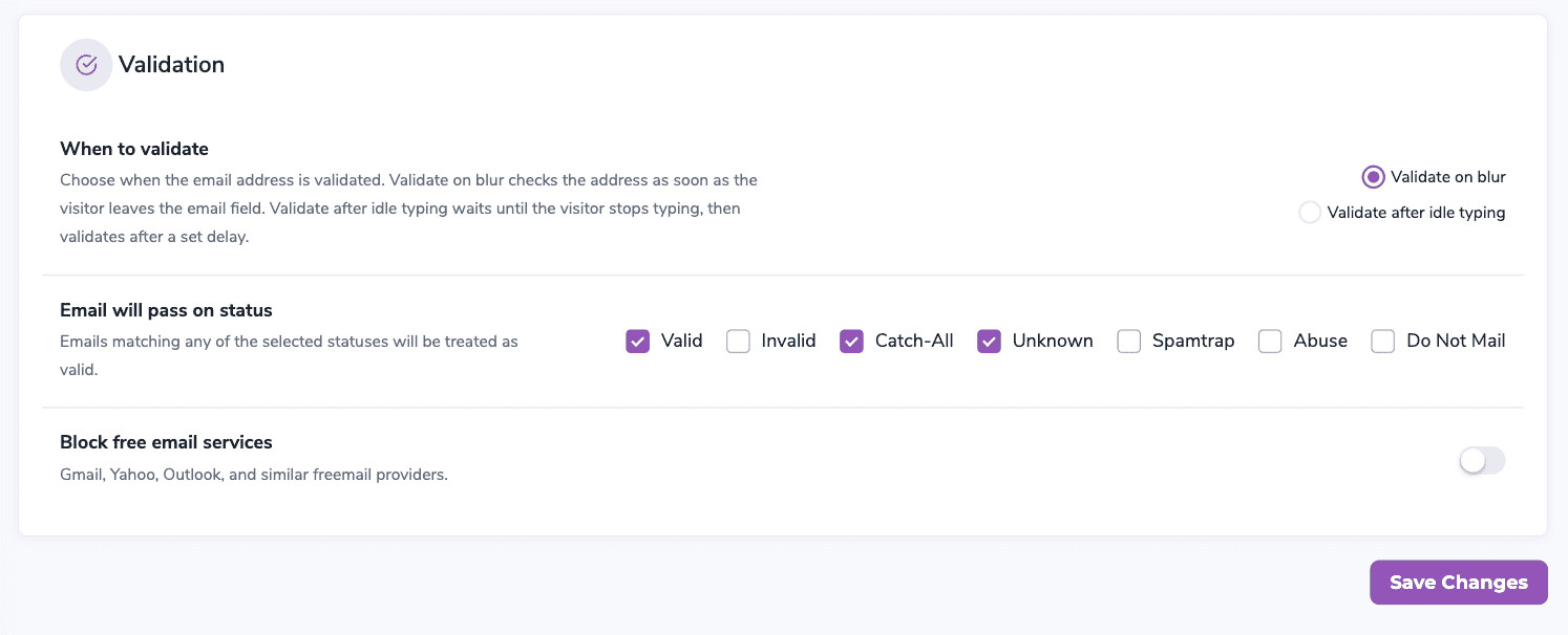 The Validation section with Validate on blur selected.