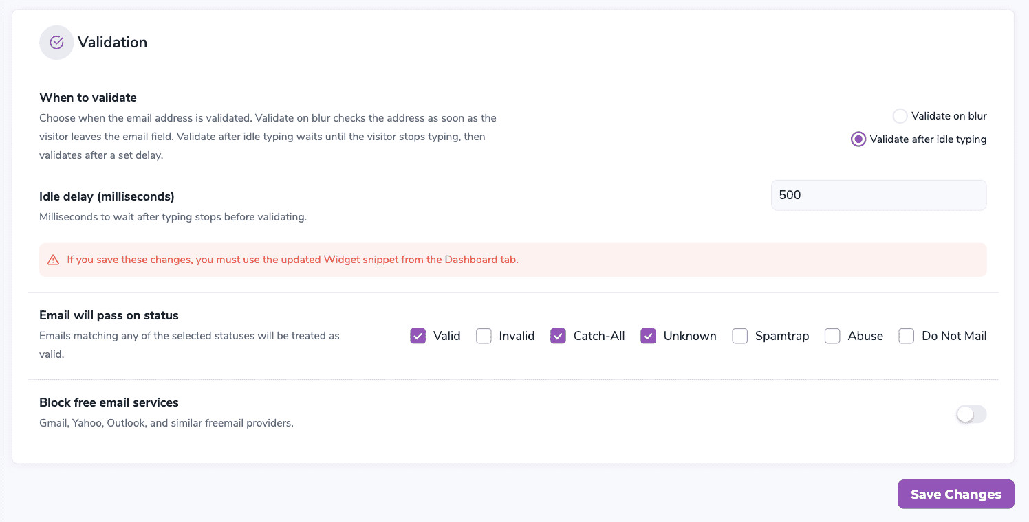 The Validation section with Validate after idle typing selected and the idle delay field.