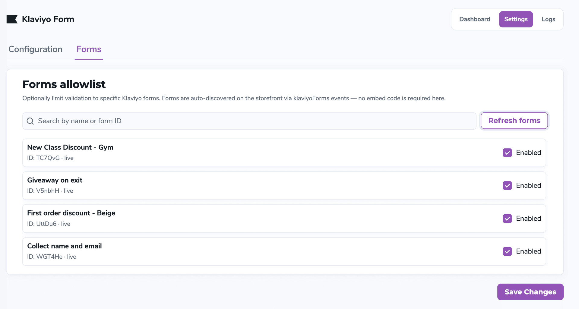The Settings Forms tab with the forms allowlist.