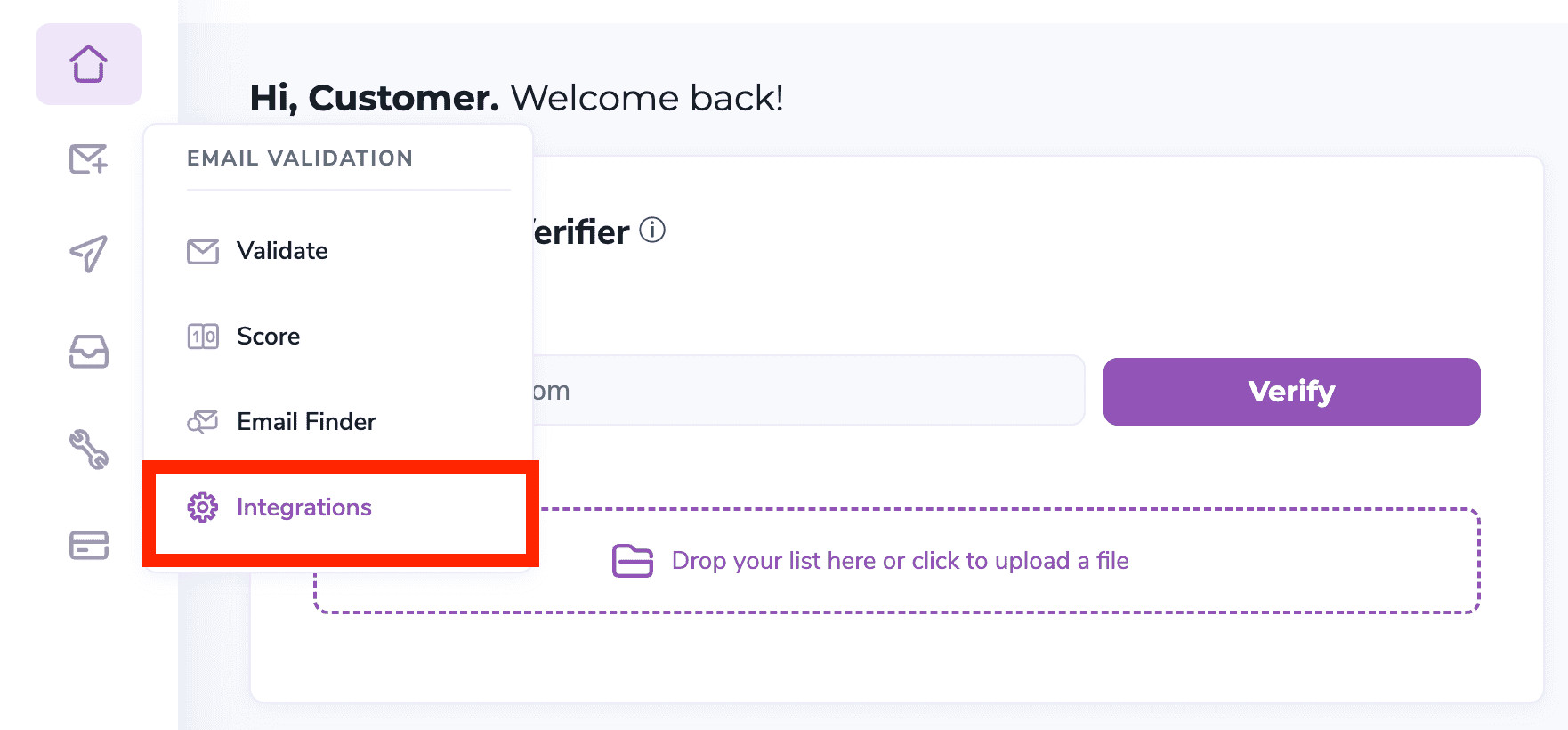 The ZeroBounce members dashboard with a red square highlighting the Integrations tab.
