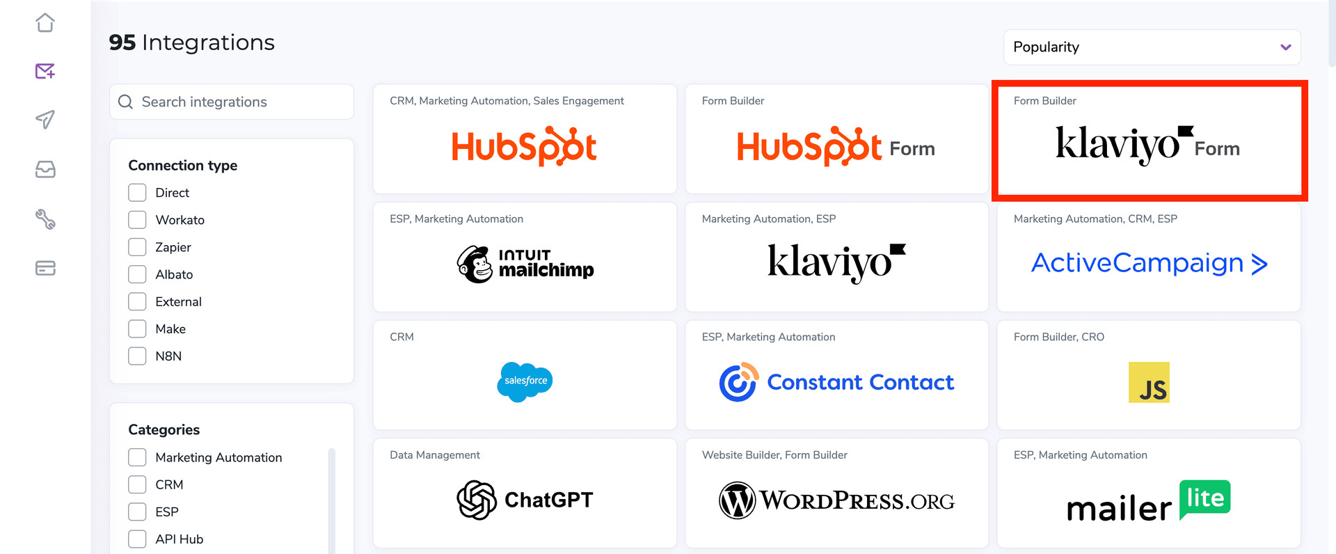 The list of ZeroBounce integrations with Klaviyo Form highlighted.