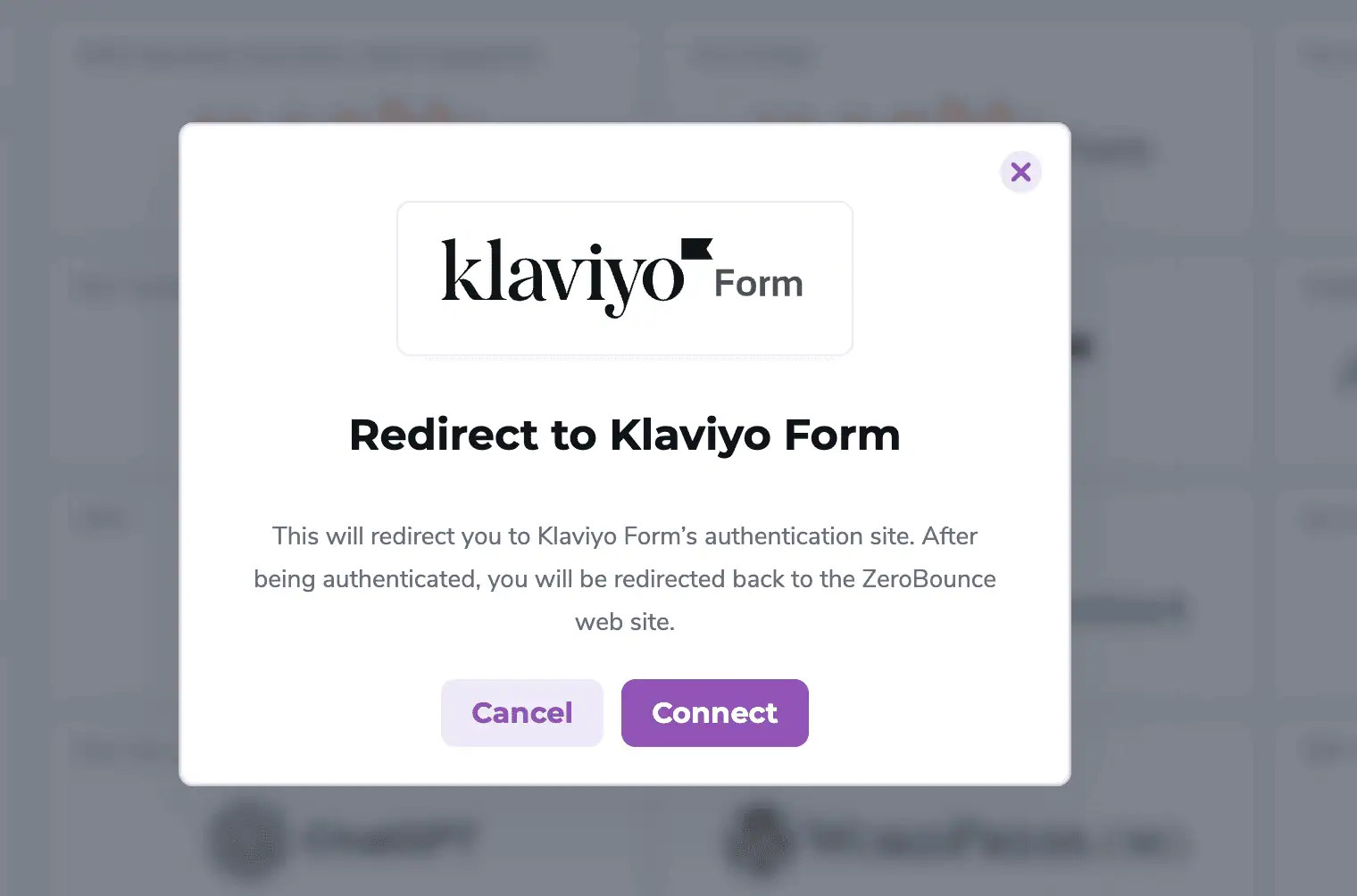 The ZeroBounce redirect modal for the Klaviyo Form integration.