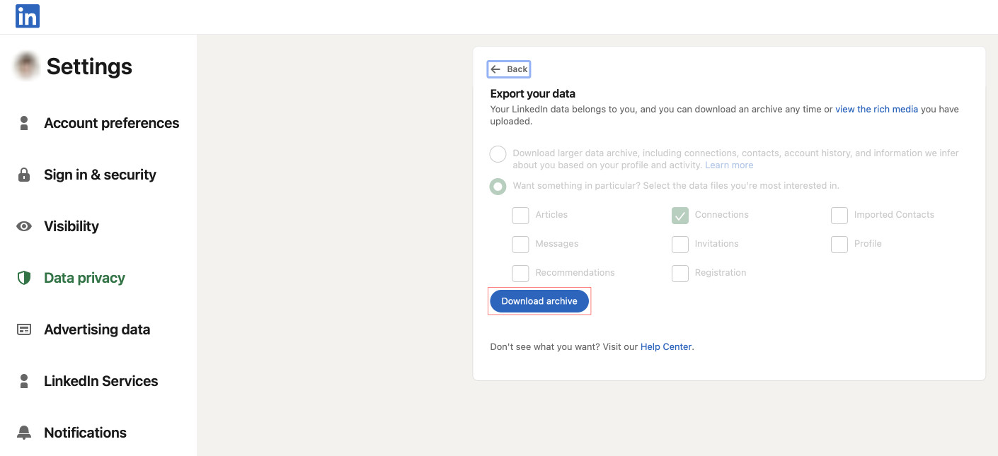 LinkedIn's "Export your data" menu with the "Download archive" button highlighted.