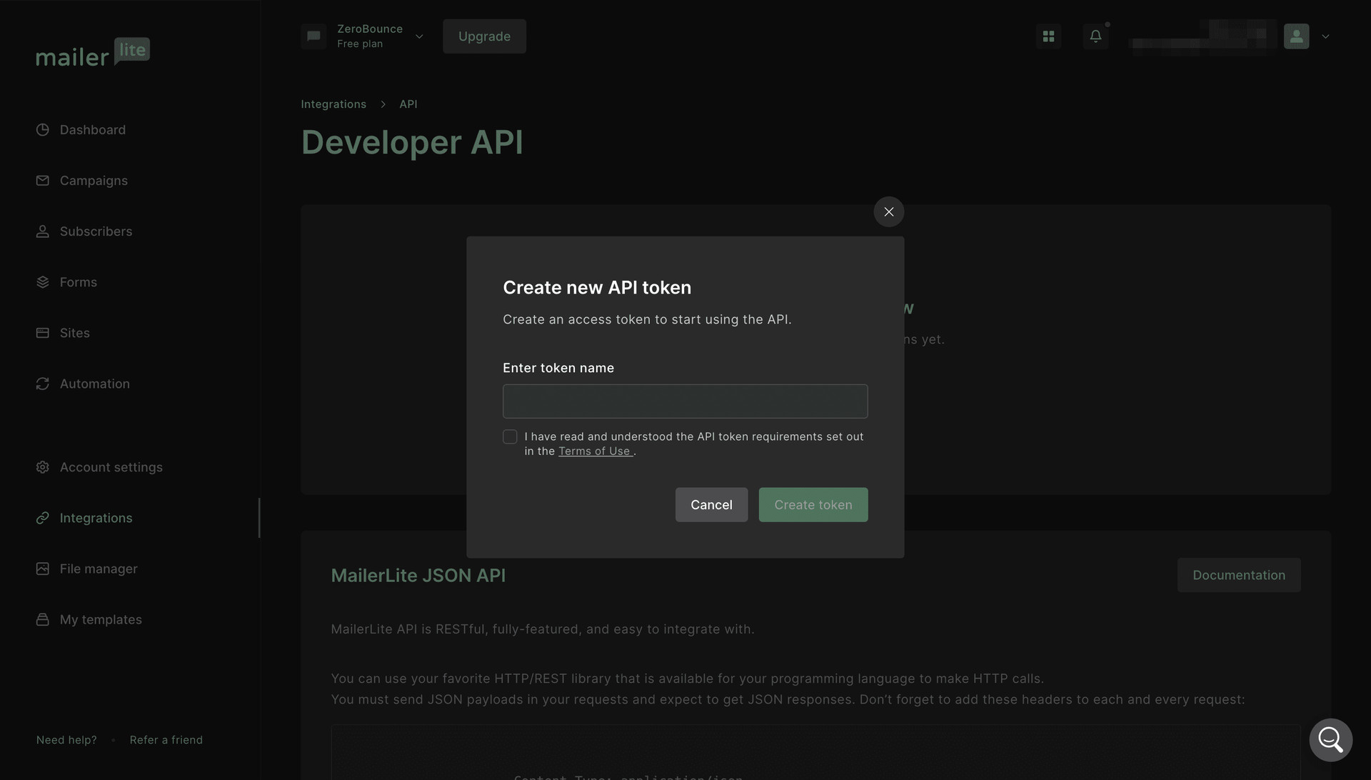 MailerLite API Token pop-up modal