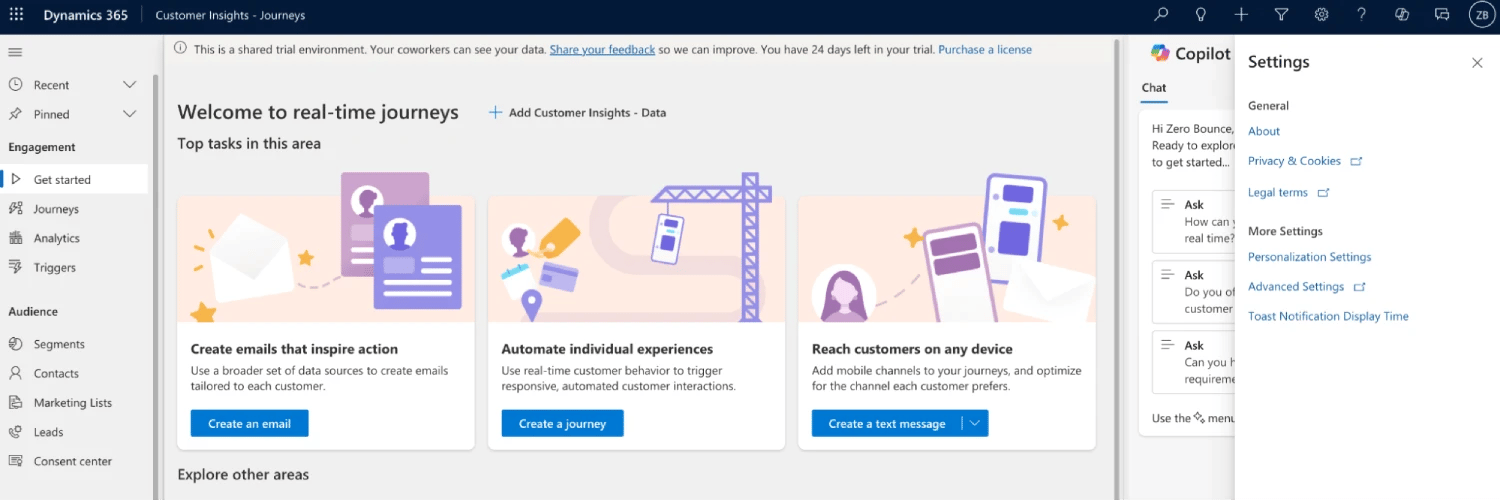 The Microsoft Dynamics 365 dashboard with the Settings menu selected.