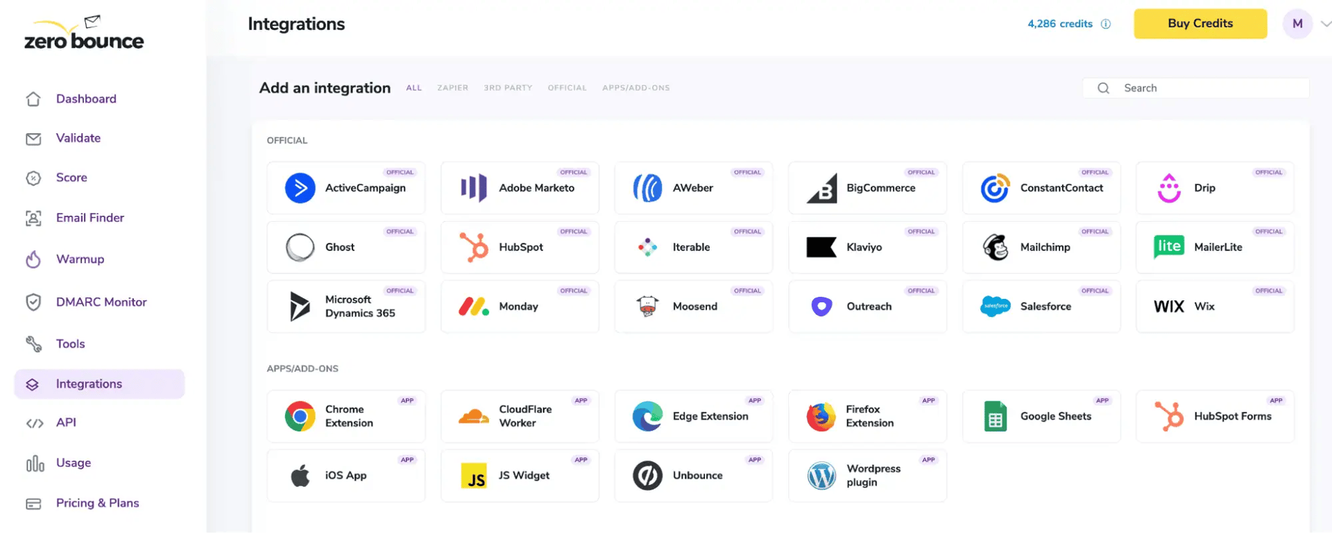 ZeroBounce Integrations Dashboard