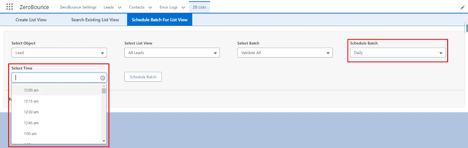 Select 'Daily' to schedule the batch, fifth field appears for choosing the time