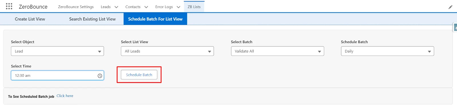Choose time from dropdown, click 'Schedule Batch' to finalize scheduling