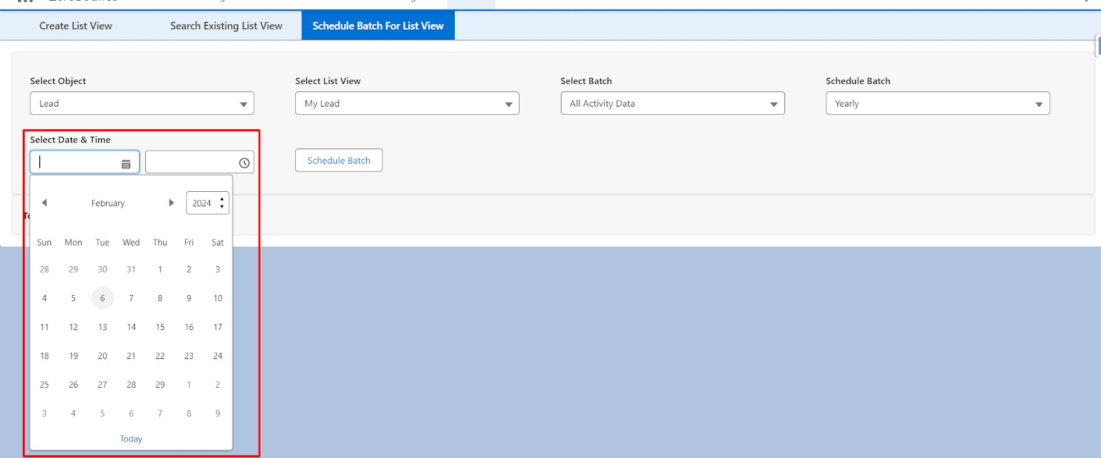 Choose 'Yearly' to schedule batch; fifth field appears with date picker and time dropdown, as illustrated