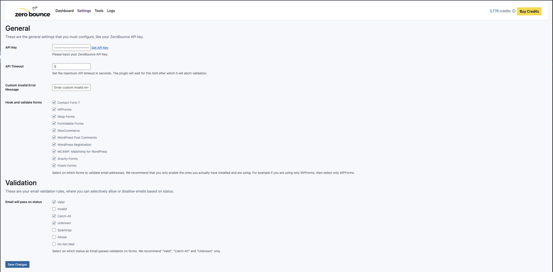 ZeroBounce ,[object Object], Settings