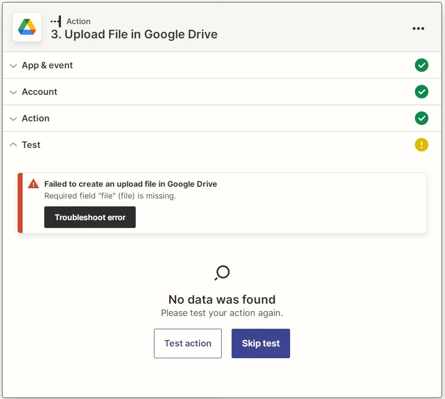 Zapier skip action test screenshot