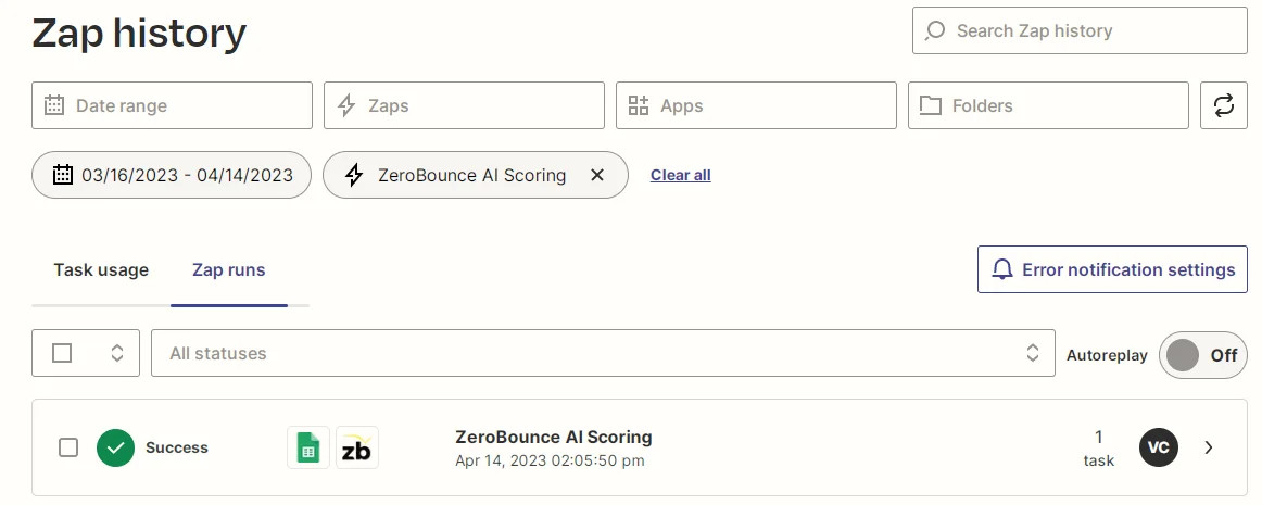 Zapier Zap history screenshot
