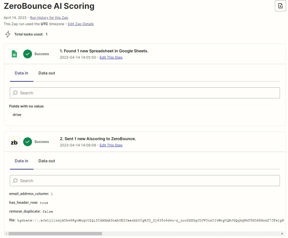 Zapier Zap data screenshot