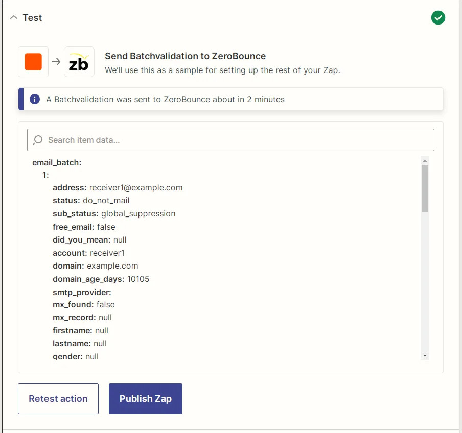 Zapier ZeroBounce Batch Validation action test result screenshot