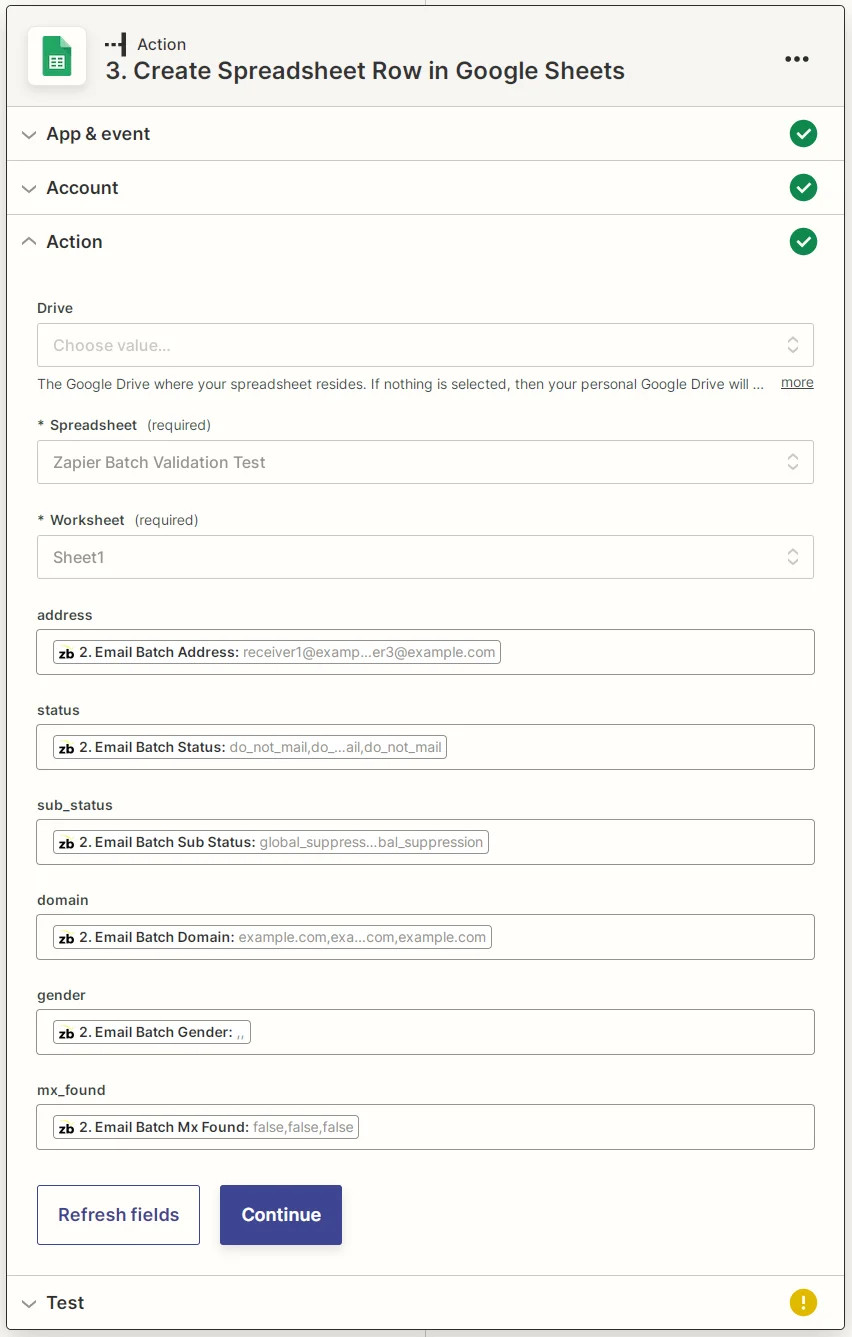 Zapier Google Sheets create spreadsheet row parameters screenshot
