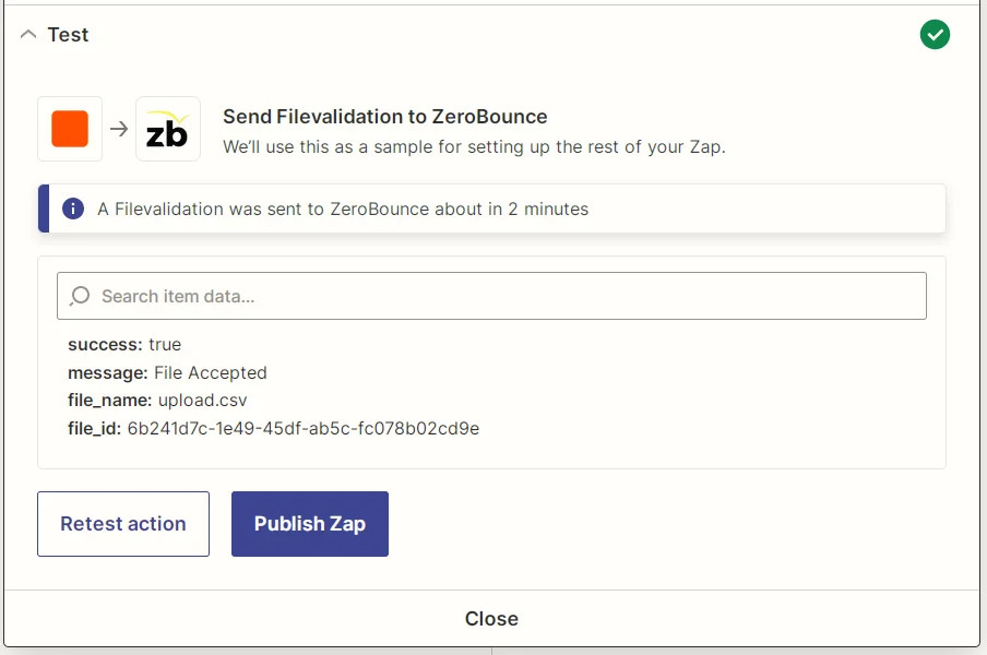 Zapier ZeroBounce File Validation action test results screenshot
