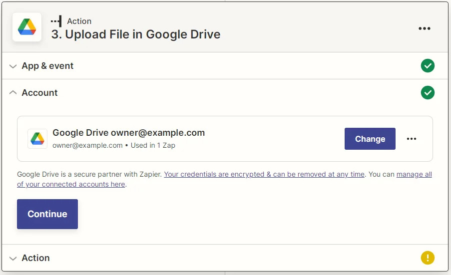 Zapier Google Drive linked account screenshot