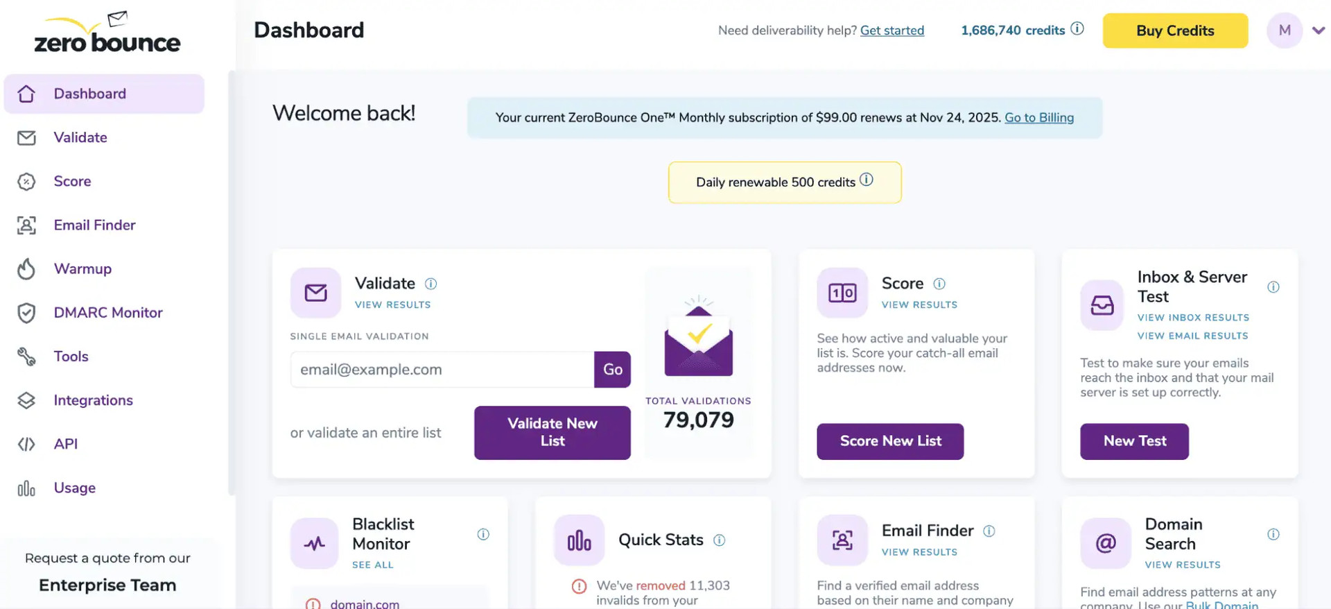 ZeroBounce dashboard