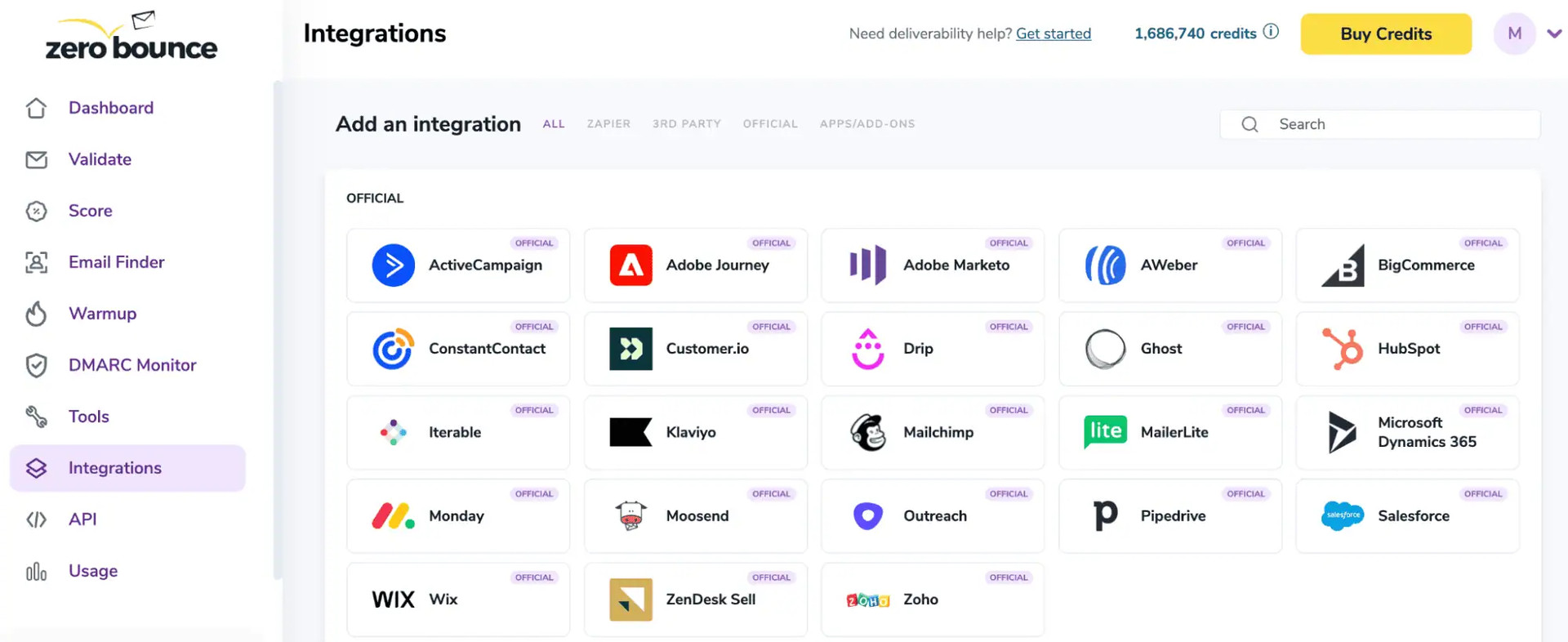 Integrations dashboard