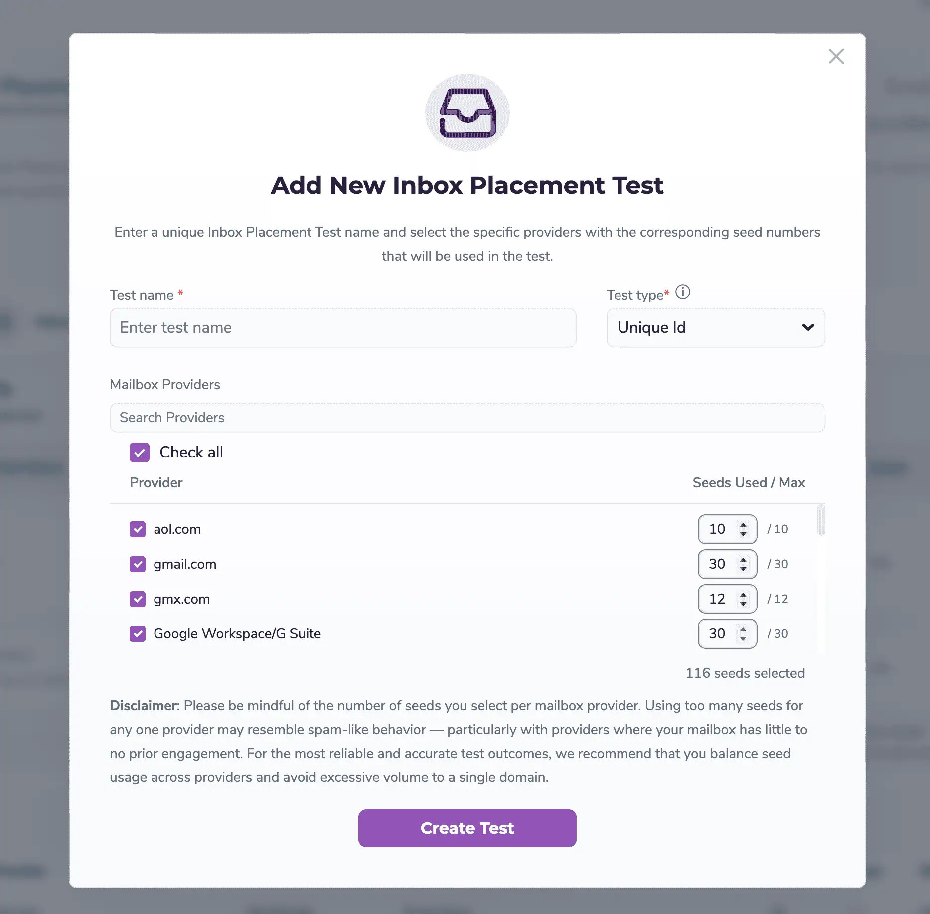 Enter a unique test name. Select the test type - Unique ID