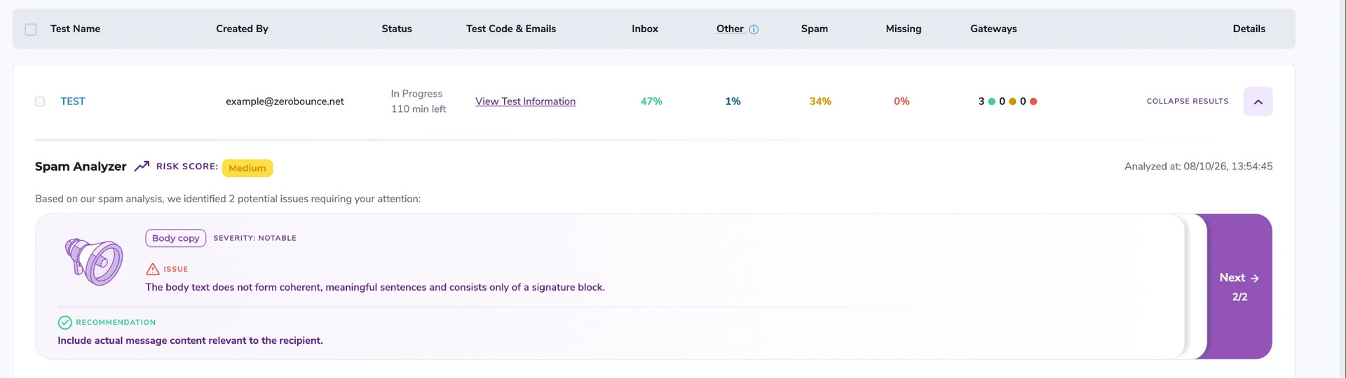 [object Object], Spam Analysis showing detailed spam risk findings