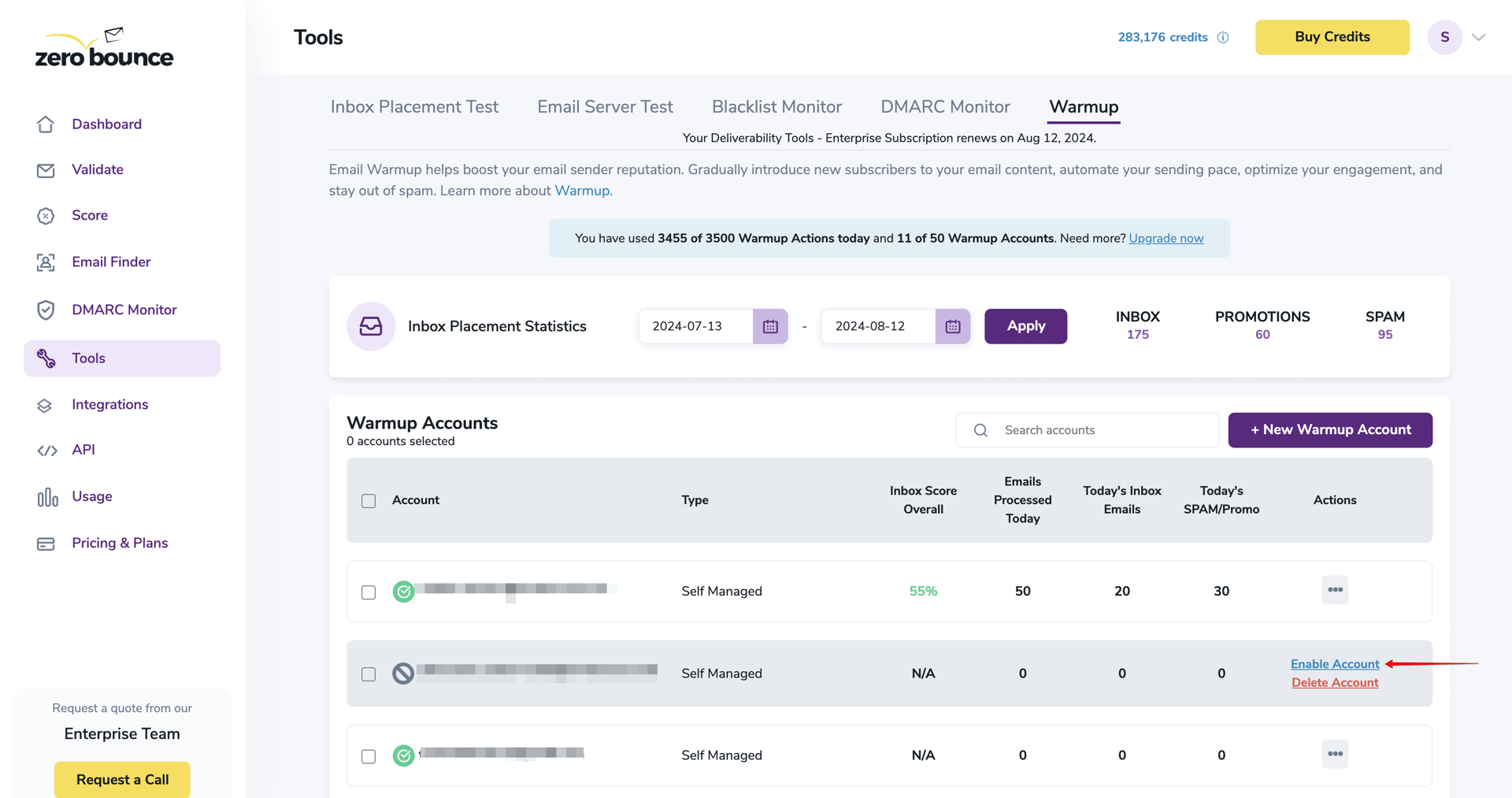 ZeroBounce Warmup Dashboard displaying the 'Enable Account' Button