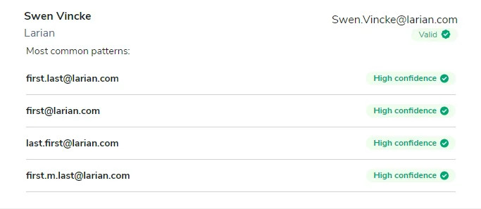 Name-based ,[object Object], search results showing a valid email address for Swen Vincke: swen.vincke@larian.com.