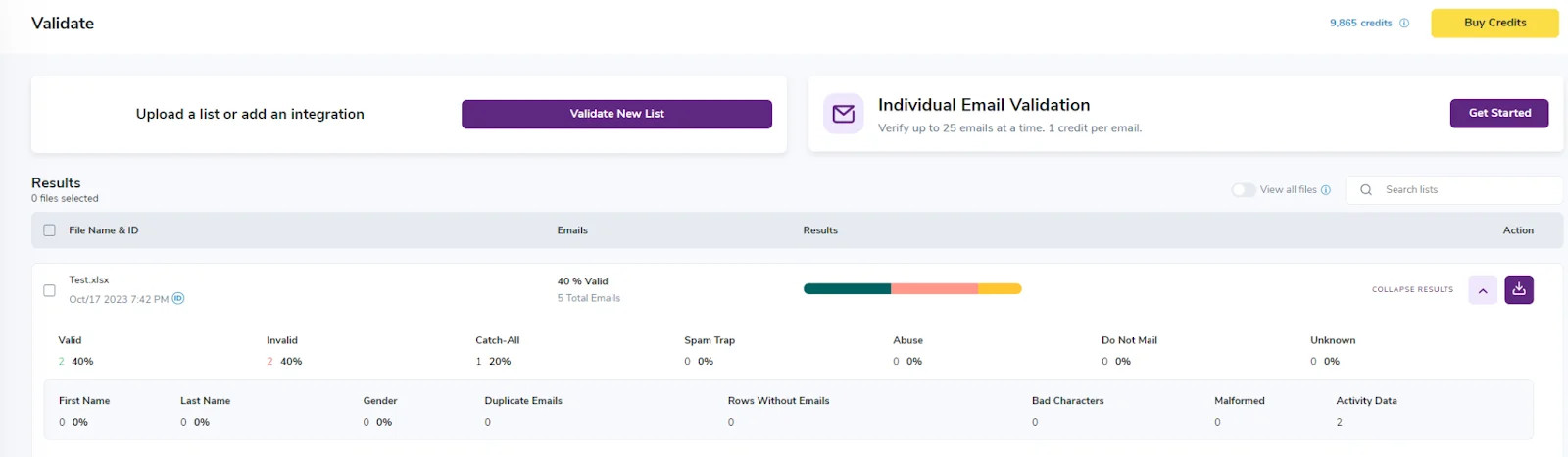 ZeroBounce’s bulk email verifier upload screen with results from past email list cleanings