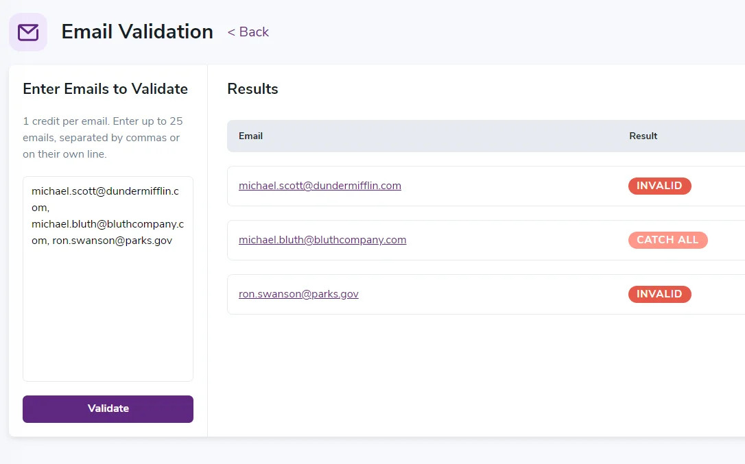 ZeroBounce’s email validation tool revealing email verification results for three emails