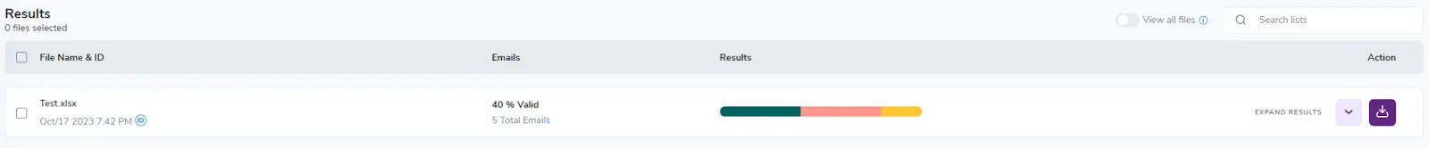 The ZeroBounce bulk email verification dashboard with a file and corresponding results