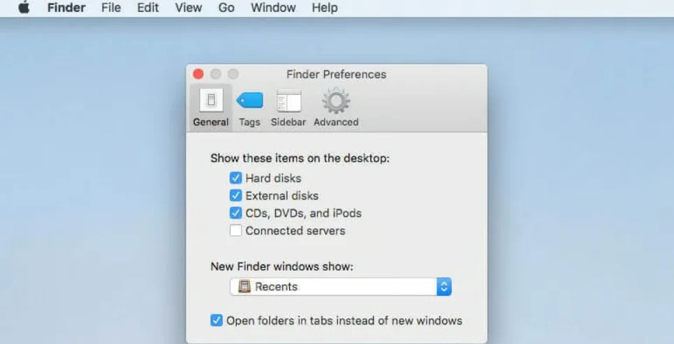 Screenshot of Finder Preferences in Mac OS