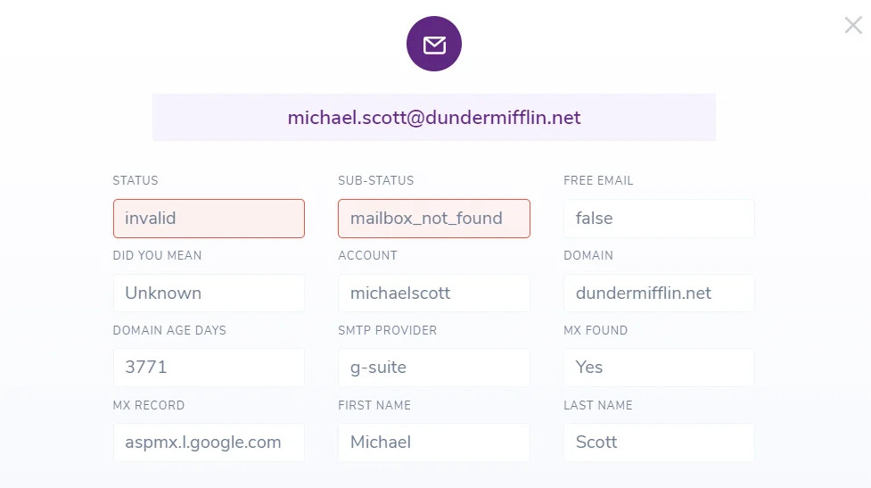Screenshot of a validated email address, including the appended data