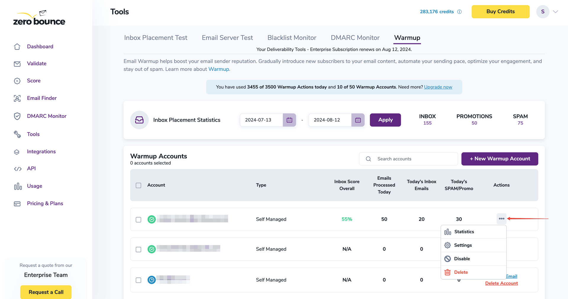 ZeroBounce Warmup Dashboard with an arrow displaying the action column