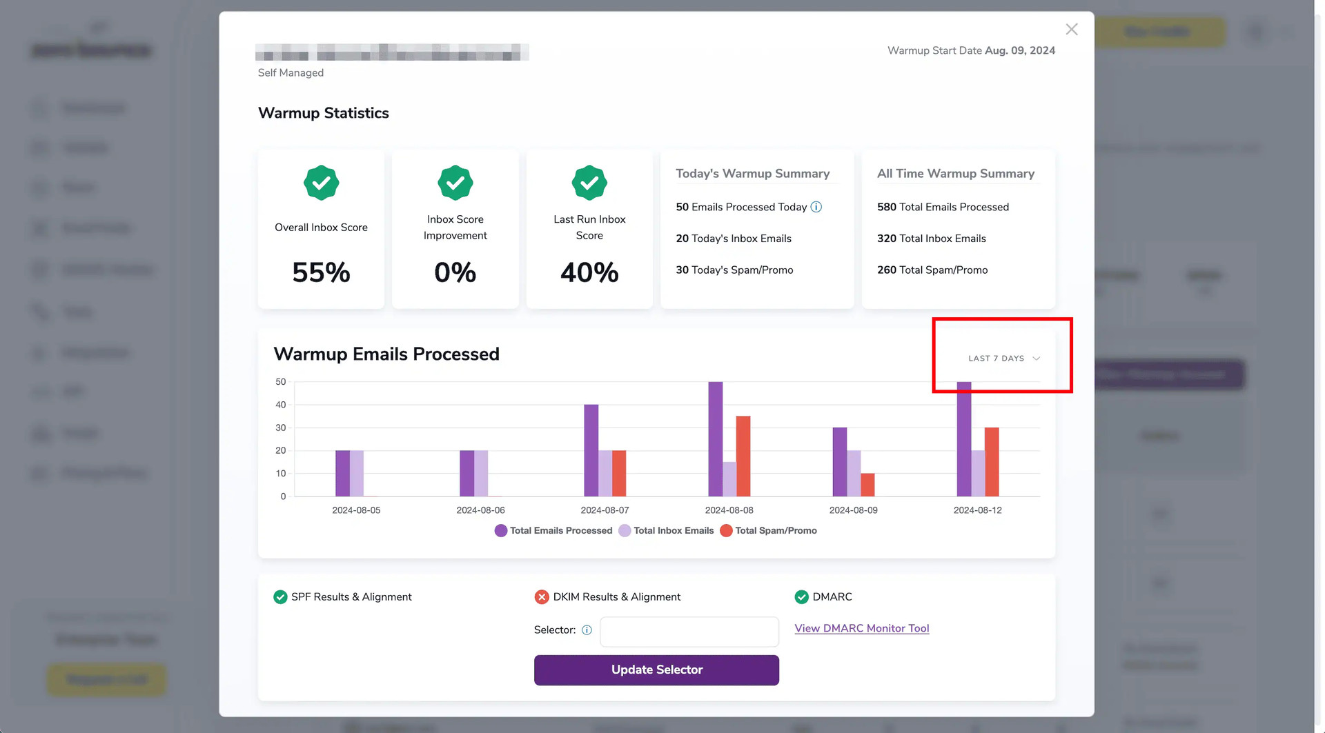 Statistics modal with the date selection button