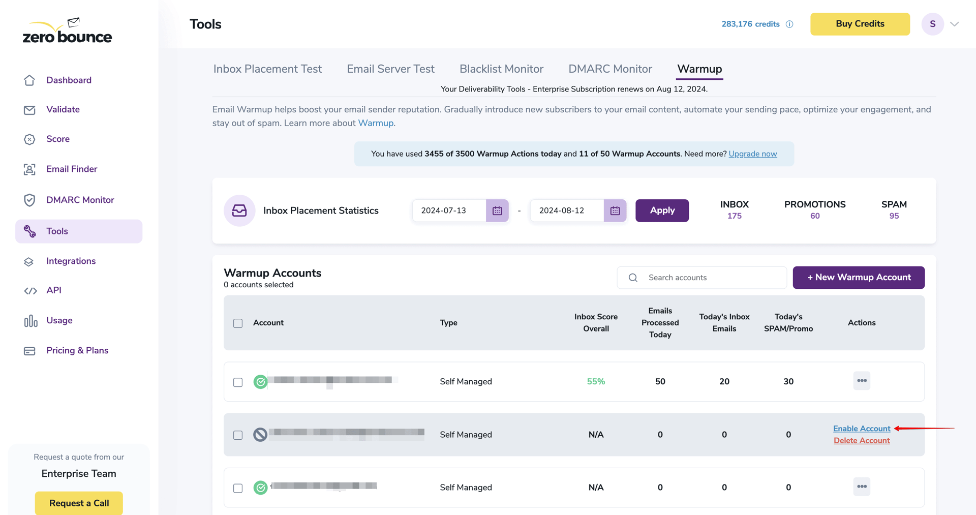 ZeroBounce Warmup Dashboard displaying the 'Enable Account' Button