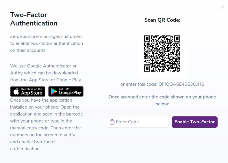 QR code window for enabling Two Factor Authentication on your ZeroBounce account