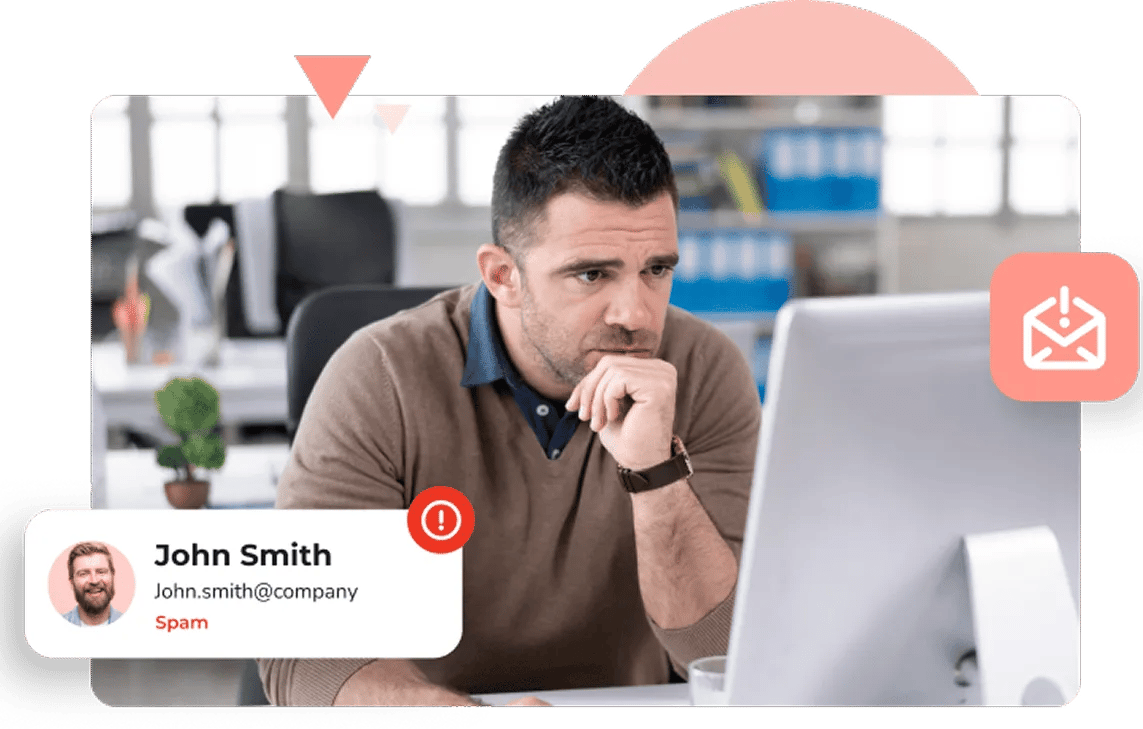 A man in a brown sweater looks at computer screen in contemplation as his email to the contact John Smith goes to spam.