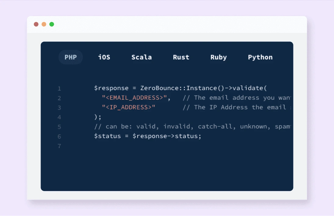 The ZeroBounce API code in PHP