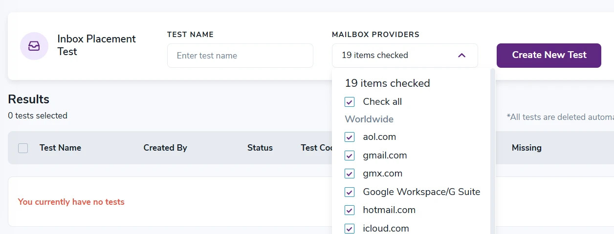 The ZeroBounce ,[object Object], menu with 19 mailbox providers selected, including AOL, Gmail, GMX, G-Suite, Hotmail, and iCloud.