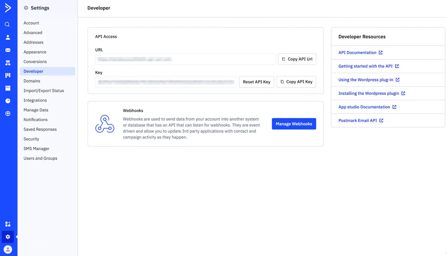 The ActiveCampaign Developer settings page with the URL and API key blurred