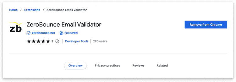 ZeroBounce email validation extension for Chrome in the Chrome Web Store