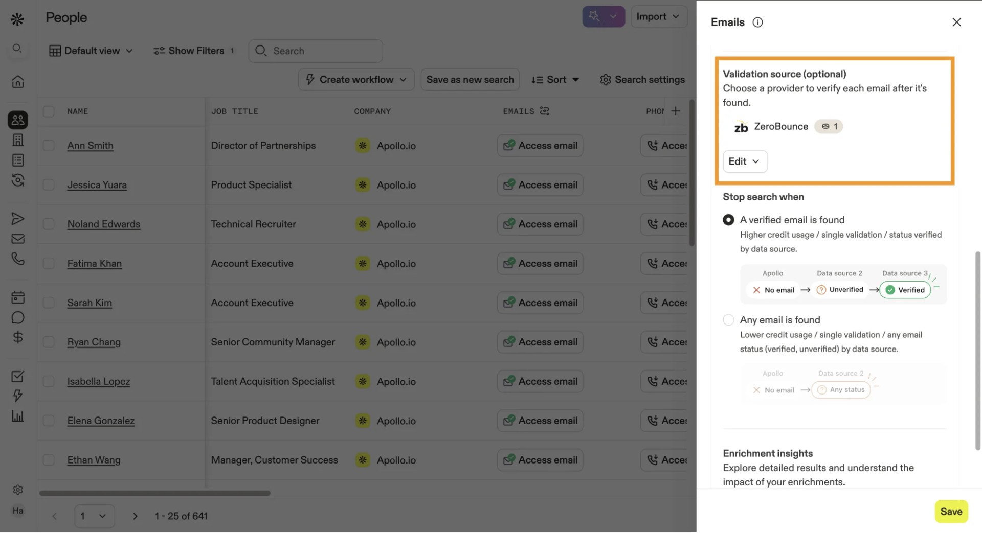 The Apollo Emails settings menu with ZeroBounce displayed as a validation source.