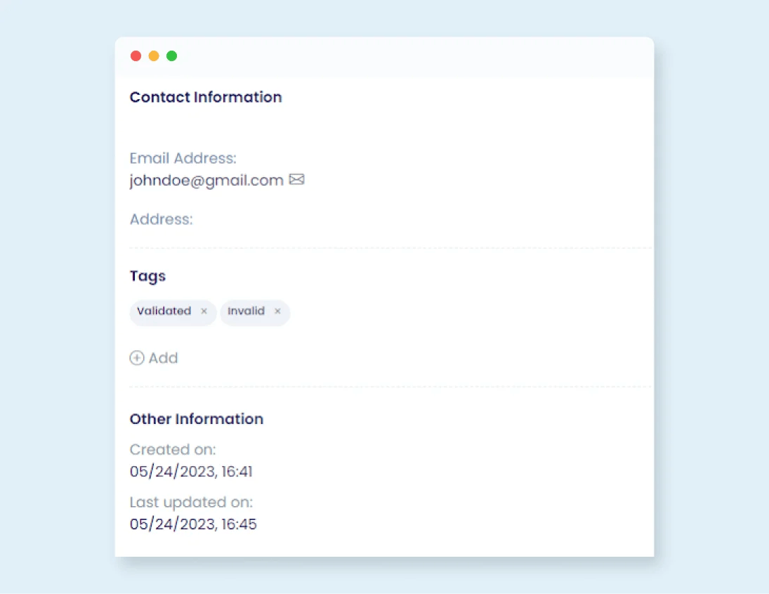 Validation status tags in an EngageBay contact card