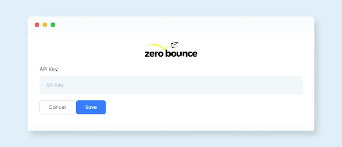 API key entry screen for the ZeroBounce EngageBay integration