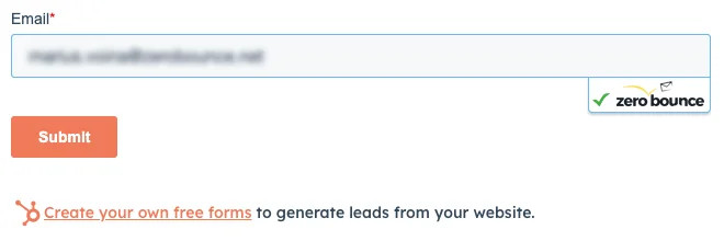 HubSpot Forms ,[object Object], enabled with ZeroBounce detecting a valid email address.