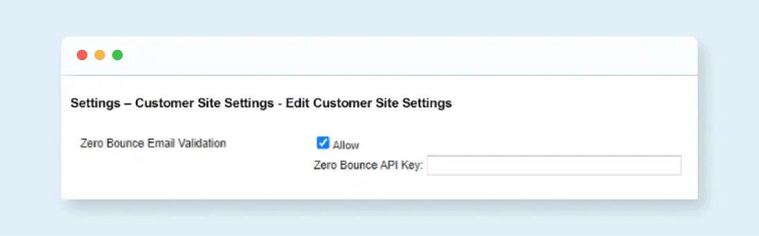 Infinity Software’s Customer Site Settings and the field for a ZeroBounce API key to use ZeroBounce ,[object Object]
