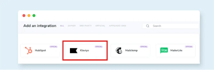 The ZeroBounce ‘Add an integration’ menu with Klaviyo highlighted