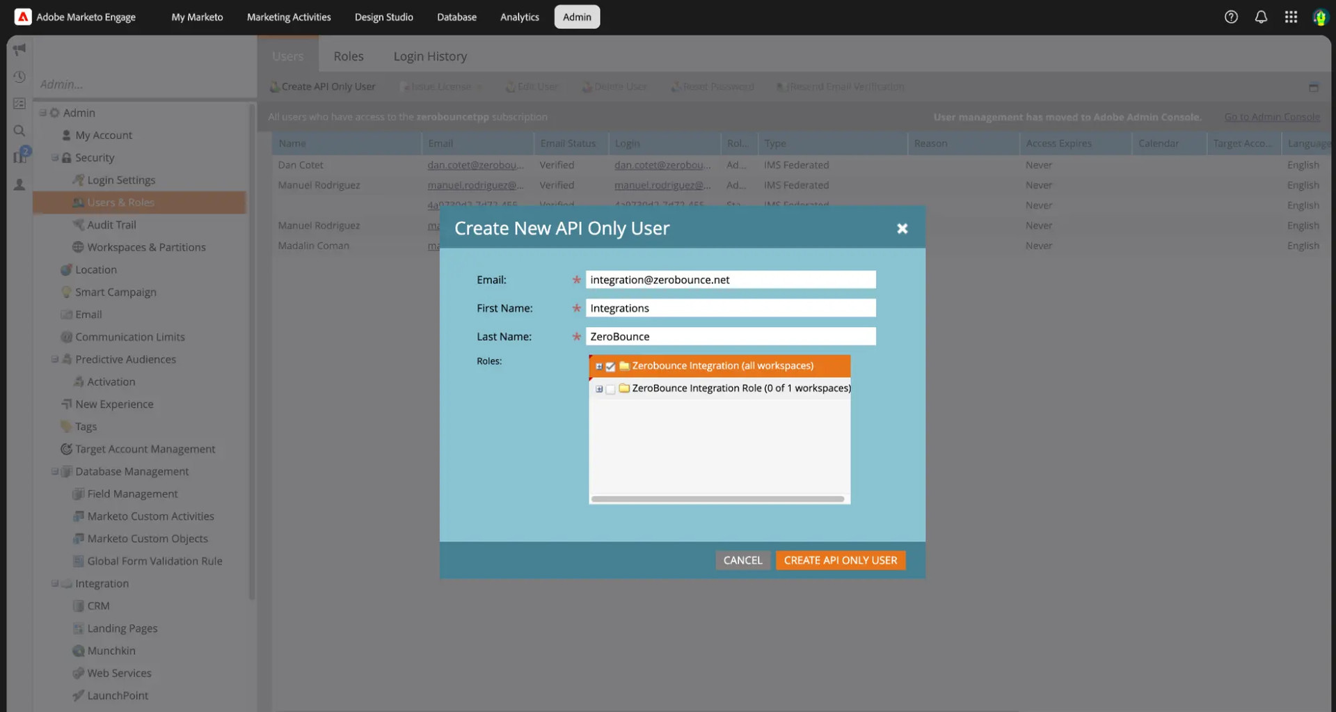 Create a New API Only User menu in Adobe Marketo.